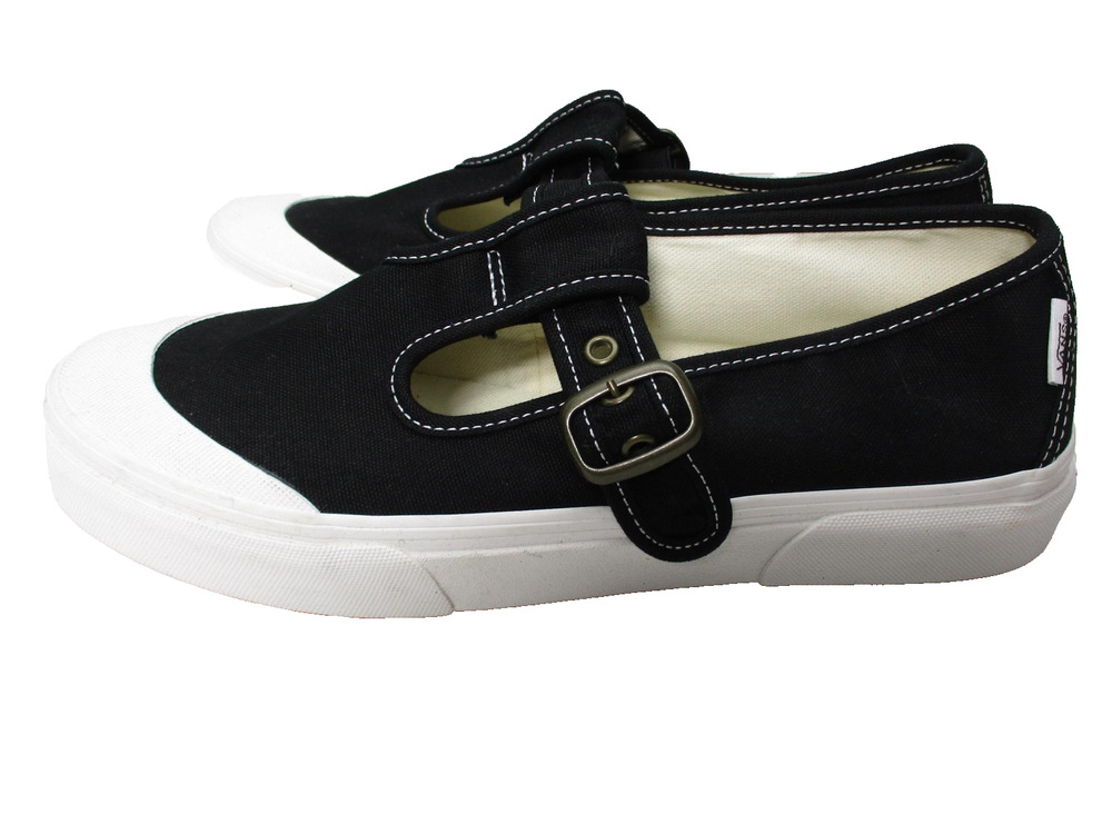 Vans Shoes Womens Sz 8.5 Black Mary Jane Buckle Strap Canvas White Toe Casual